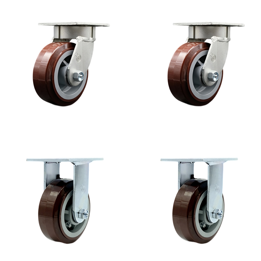 SCC-KP30S520-PPUB-2-R-2 Heavy Duty Kingpinless Swivel Caster with 5 in. Polyurethane Wheels & Ball Bearings - 3000 lbs Total Capacity - Set of 4