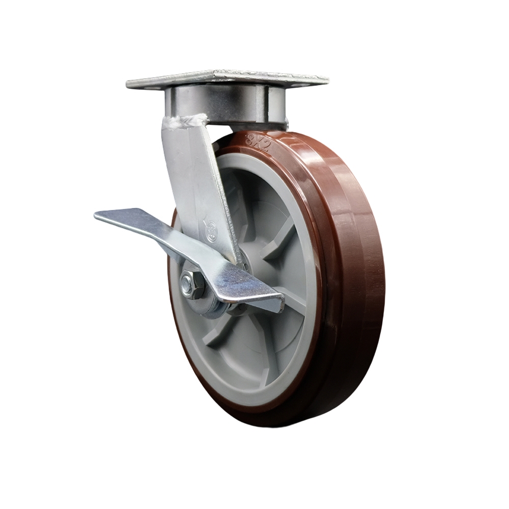Heavy Duty Kingpinless Swivel Top Plate Caster with Side Lock Brake & 8 in. Polyurethane Wheel with Ball Bearings - 1000 lbs Capacity per Caster