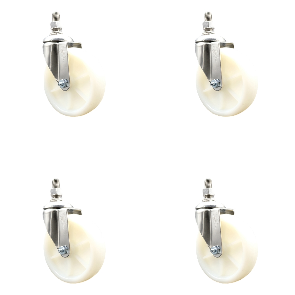 SCC-SS316TS20S514-NYS-M1215-4 Nylon Swivel Stem Caster with 5 in. Caster Wheels, 12 mm Threaded Stems - 316 Stainless Steel Casters - Set of 4
