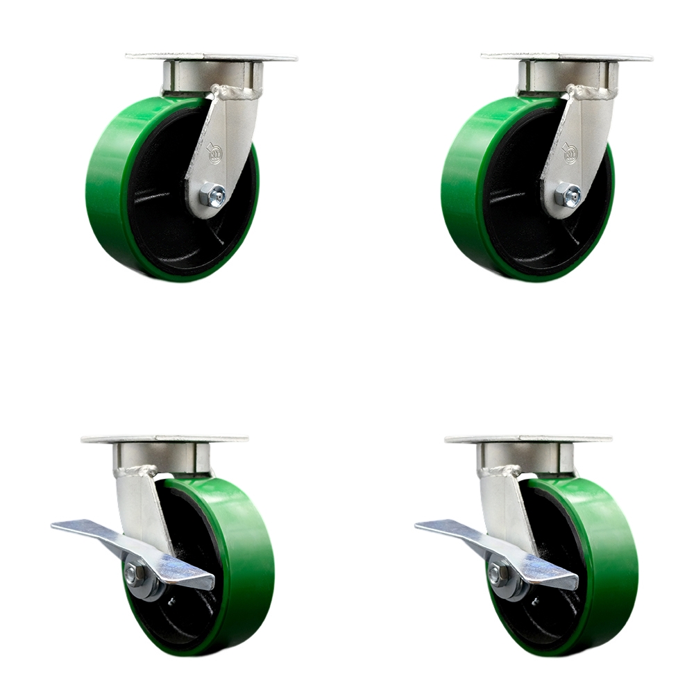 Heavy Duty Kingpinless Swivel Caster with 6 in. Green Poly on Cast Iron Wheels & Ball Bearings - 4800 lbs Total Capacity - Set of 4