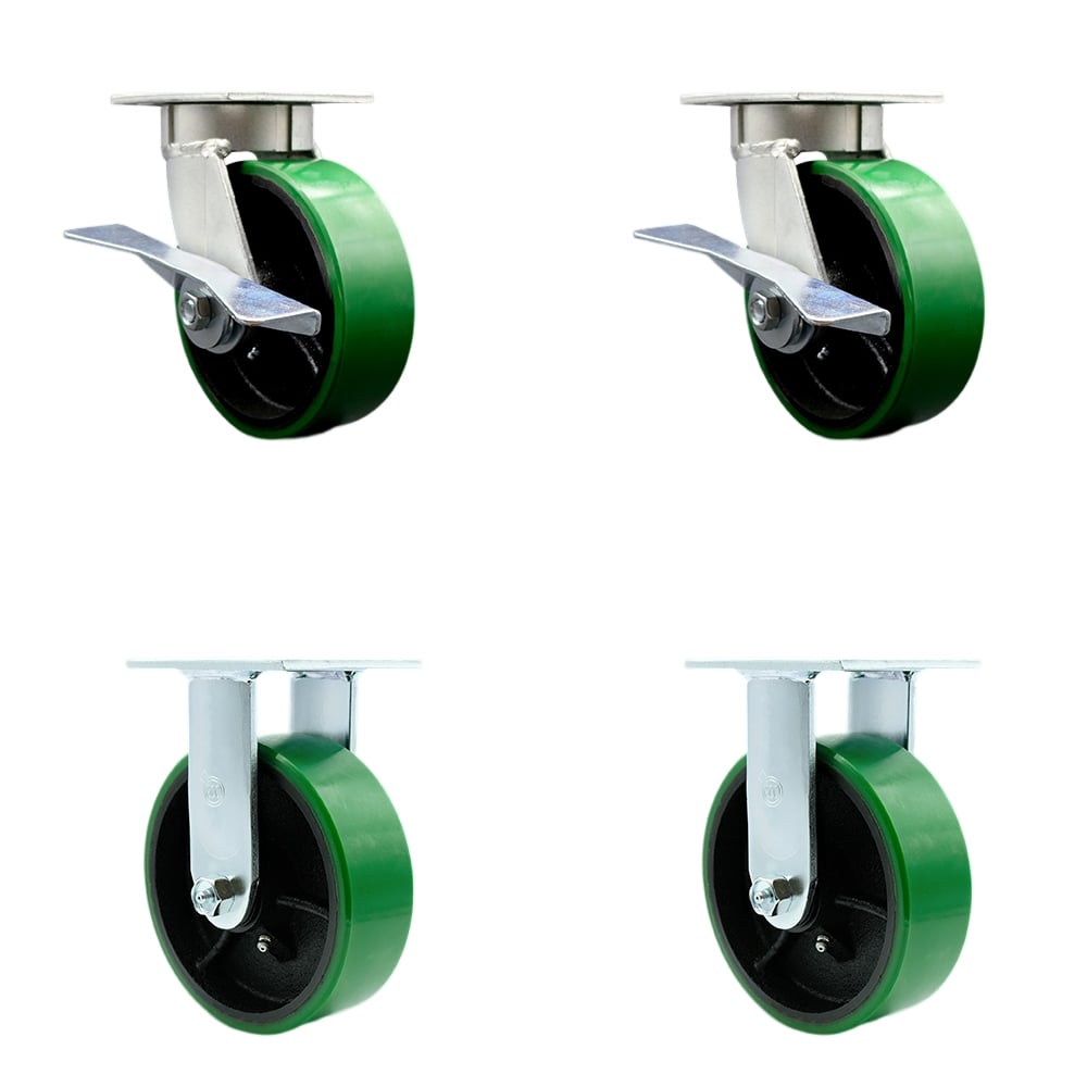 Heavy Duty Kingpinless Swivel Caster with 6 in. Green Poly on Cast Iron Wheels & Ball Bearings - 4800 lbs Total Capacity - Set of 4