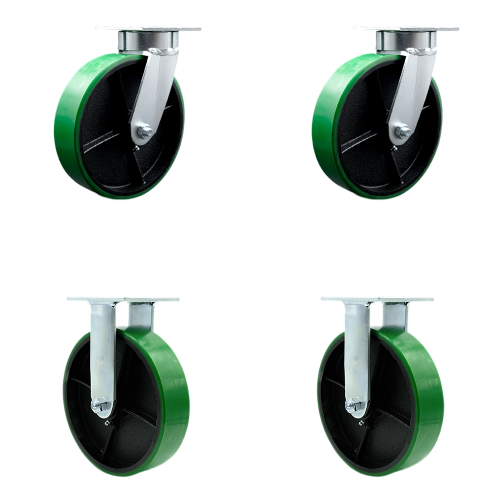 Heavy Duty Kingpinless Swivel Caster with 8 in. Green Polyurethane on Cast Iron Wheels & Ball Bearings - 5000 lbs Total Capacity - Set of 4