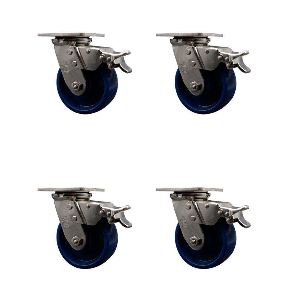 316 Stainless Steel Heavy Duty Swivel Caster with 5 in. Solid Polyurethane Wheels & Ball Bearings - 4000 lbs Total Capacity - Set of 4