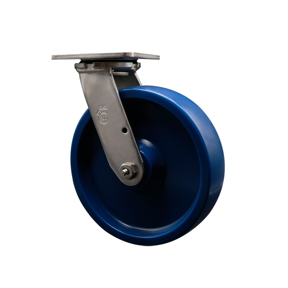 316 Stainless Steel Heavy Duty Swivel Top Plate Caster with 8 in. Solid Polyurethane Wheel & Ball Bearings - 1200 lbs Capacity per Caster