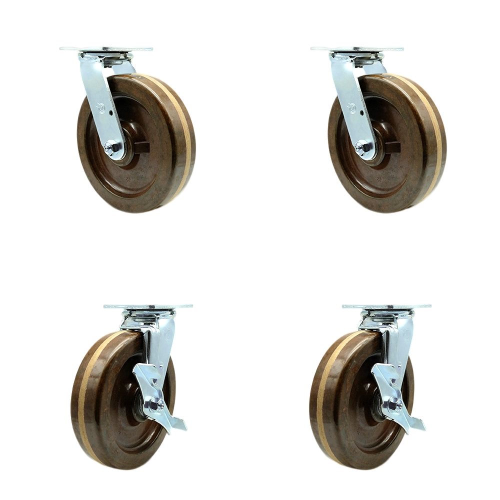 Heavy Duty Swivel Caster with 8 in. High Temperature Phenolic Wheels & Bronze Bearings - 5000 lbs Total Capacity - Set of 4