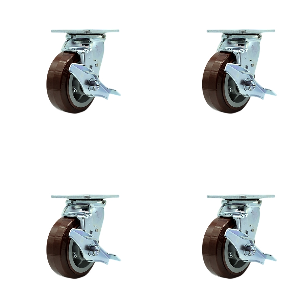 Stainless Steel Heavy Duty Swivel Caster with 5 in. Polyurethane Wheels & Delrin Bearings - 3000 lbs Total Capacity - Set of 4