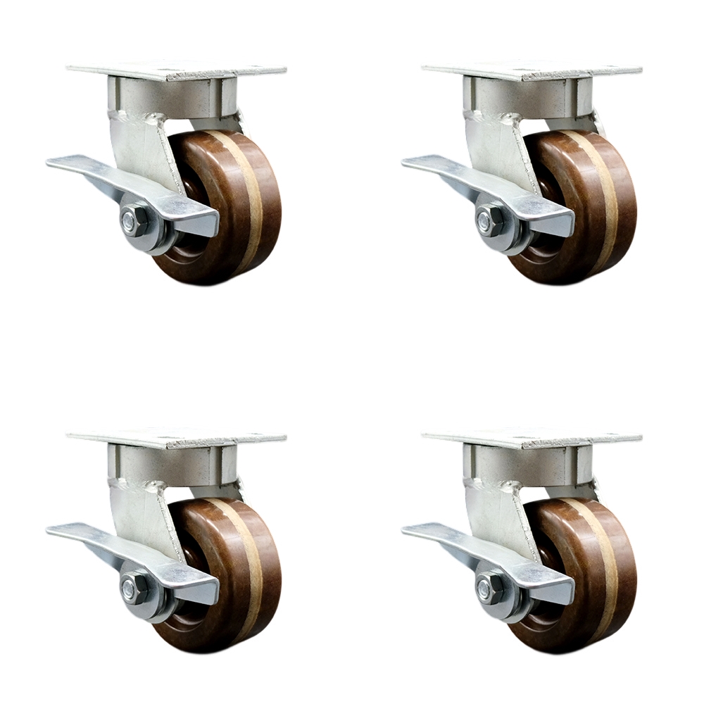 Heavy Duty Kingpinless Swivel Caster with 4 in. High Temperature Phenolic Wheels & Bronze Bearings - 3200 lbs Total Capacity - Set of 4