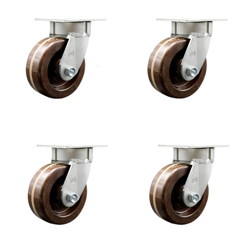 Heavy Duty Kingpinless Swivel Caster with 5 in. High Temperature Phenolic Wheels & Bronze Bearings - 4000 lbs Total Capacity - Set of 4