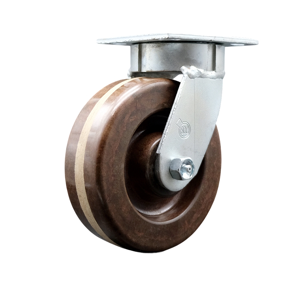 Heavy Duty Kingpinless Swivel Top Plate Caster with 6 in. High Temperature Phenolic Wheel & Bronze Bearings - 1200 lbs Capacity per Caster