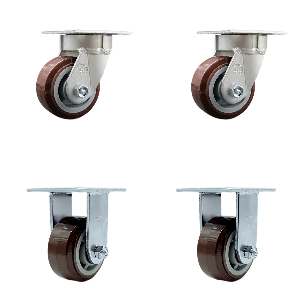 SCC-KP30S420-PPUB-2-R-2 Heavy Duty Kingpinless Swivel Caster with 4 in. Polyurethane Wheels & Ball Bearings - 2400 lbs Total Capacity - Set of 4