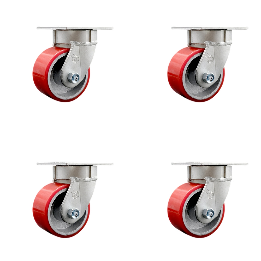 Heavy Duty Kingpinless Swivel Caster with 4 in. Red Polyurethane on Cast Iron Wheels & Ball Bearings - 2800 lbs Total Capacity - Set of 4
