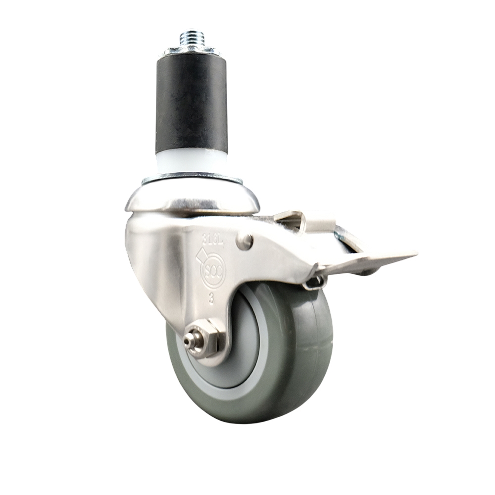 Polyurethane Swivel Stem Caster with 3 in. Gray Caster Wheels & Total Lock Brake, 1.5 in. Expanding Stem - 316 Stainless Steel Caster
