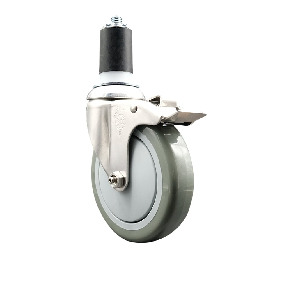 Polyurethane Swivel Stem Caster with 5 in. Gray Caster Wheels & Total Lock Brake, 1.5 in. Expanding Stem - 316 Stainless Steel Caster