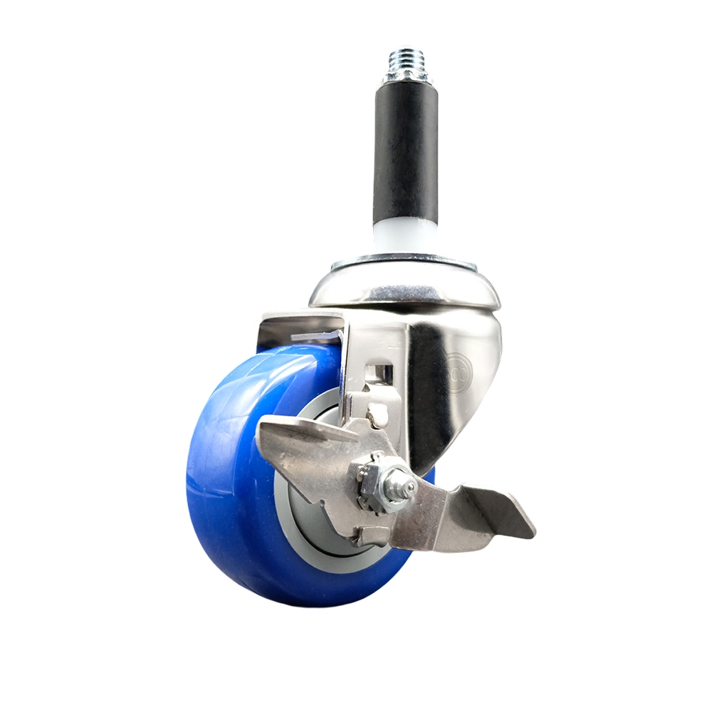 Polyurethane Swivel Stem Caster with 3.5 in. Blue Caster Wheels & Top Lock Brake, 0.75 in. Expanding Stem - 316 Stainless Steel Caster