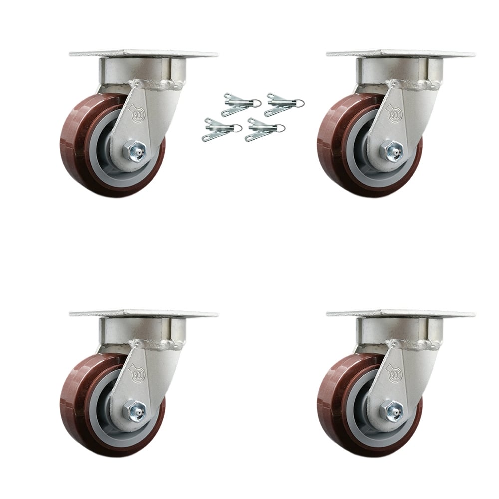 SCC-KP30S420-PPUB-BSL-4 Heavy Duty Kingpinless Swivel Caster with 4 in. Polyurethane Wheels & Ball Bearings - 2400 lbs Total Capacity - Set of 4