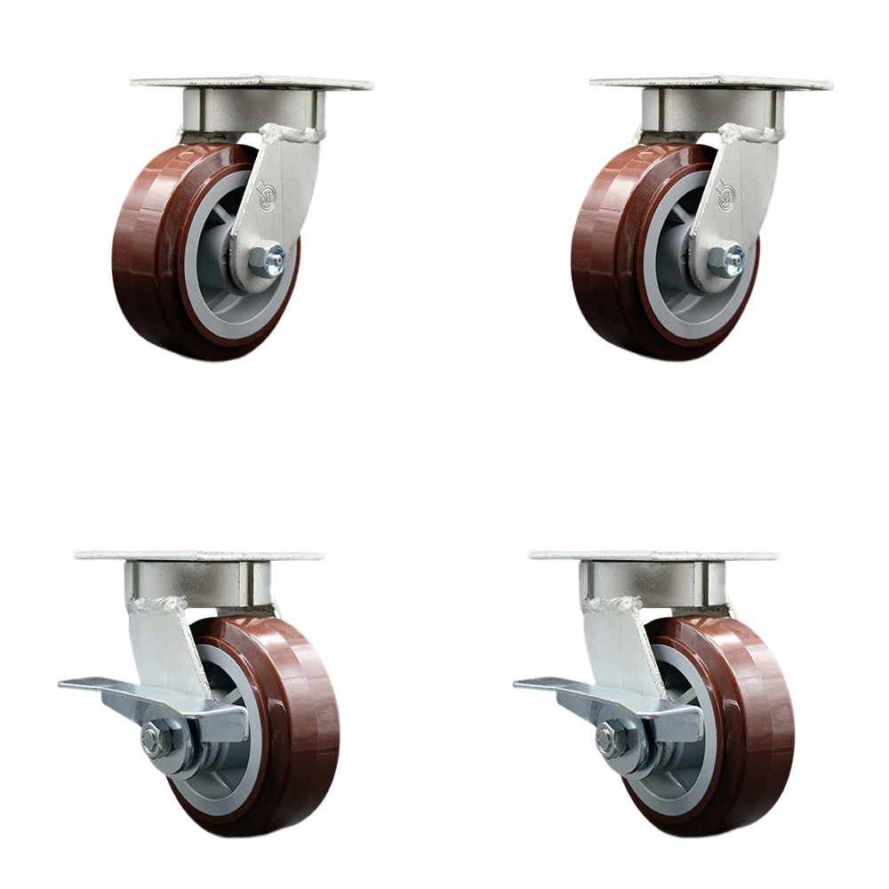 SCC-KP30S520-PPUB-2-SLB-2 Heavy Duty Kingpinless Swivel Caster with 5 in. Polyurethane Wheels & Ball Bearings - 3000 lbs Total Capacity - Set of 4