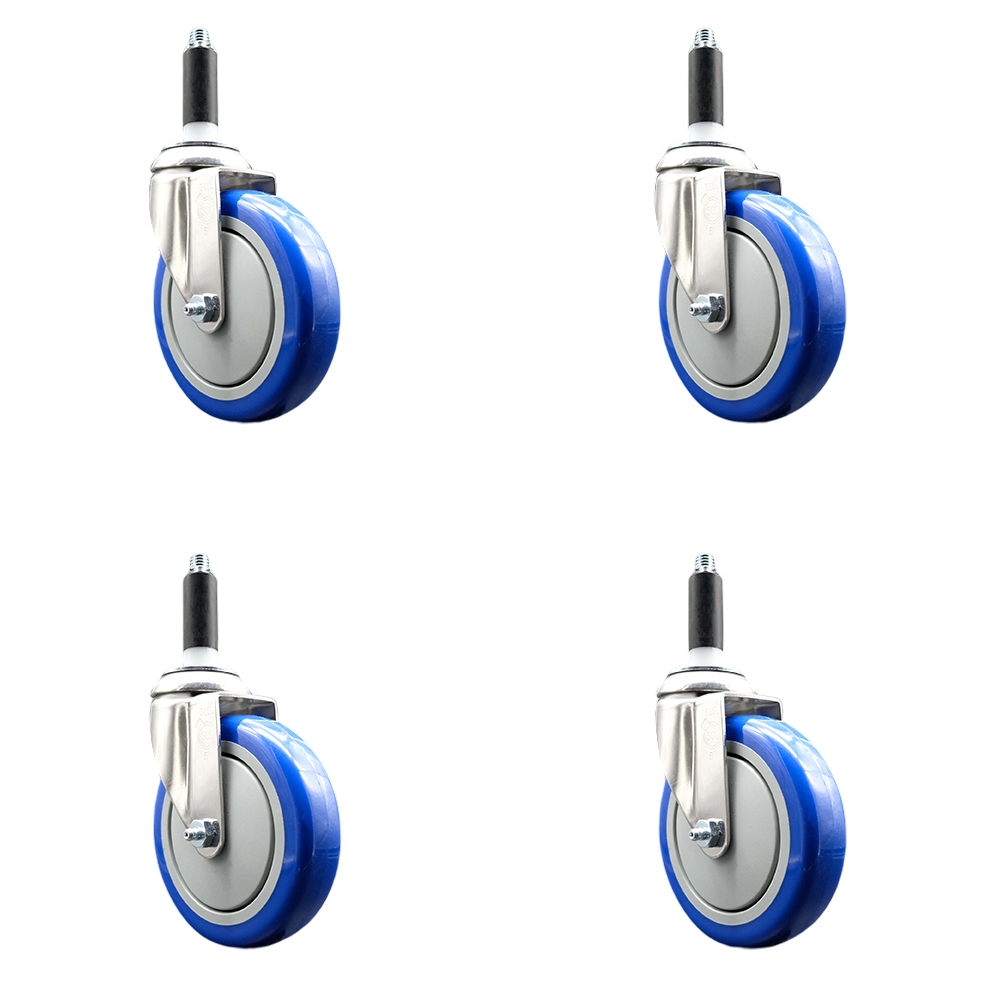 Polyurethane Swivel Stem Caster with 5 in. Blue Caster Wheels, 0.75 in. Expanding Stems - 316 Stainless Steel Casters - Set of 4