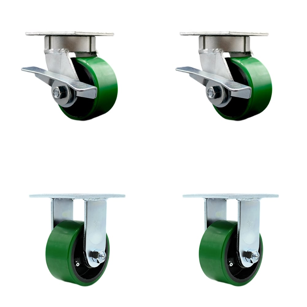 Heavy Duty Kingpinless Swivel Caster with 4 in. Green Poly on Cast Iron Wheels & Ball Bearings - 2800 lbs Total Capacity - Set of 4