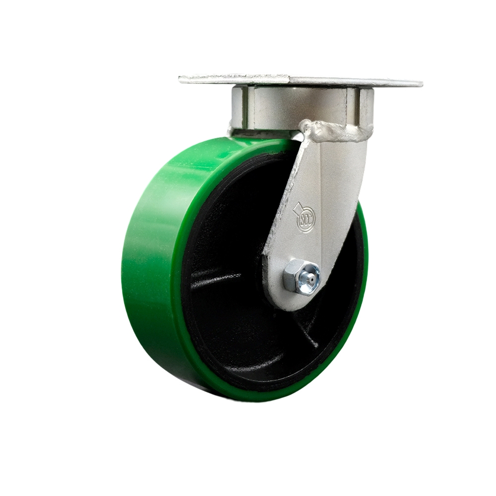 Heavy Duty Kingpinless Swivel Top Plate Caster with 6 in. Green Polyurethane on Cast Iron Wheel & Ball Bearings - 1200 lbs Capacity per Caster