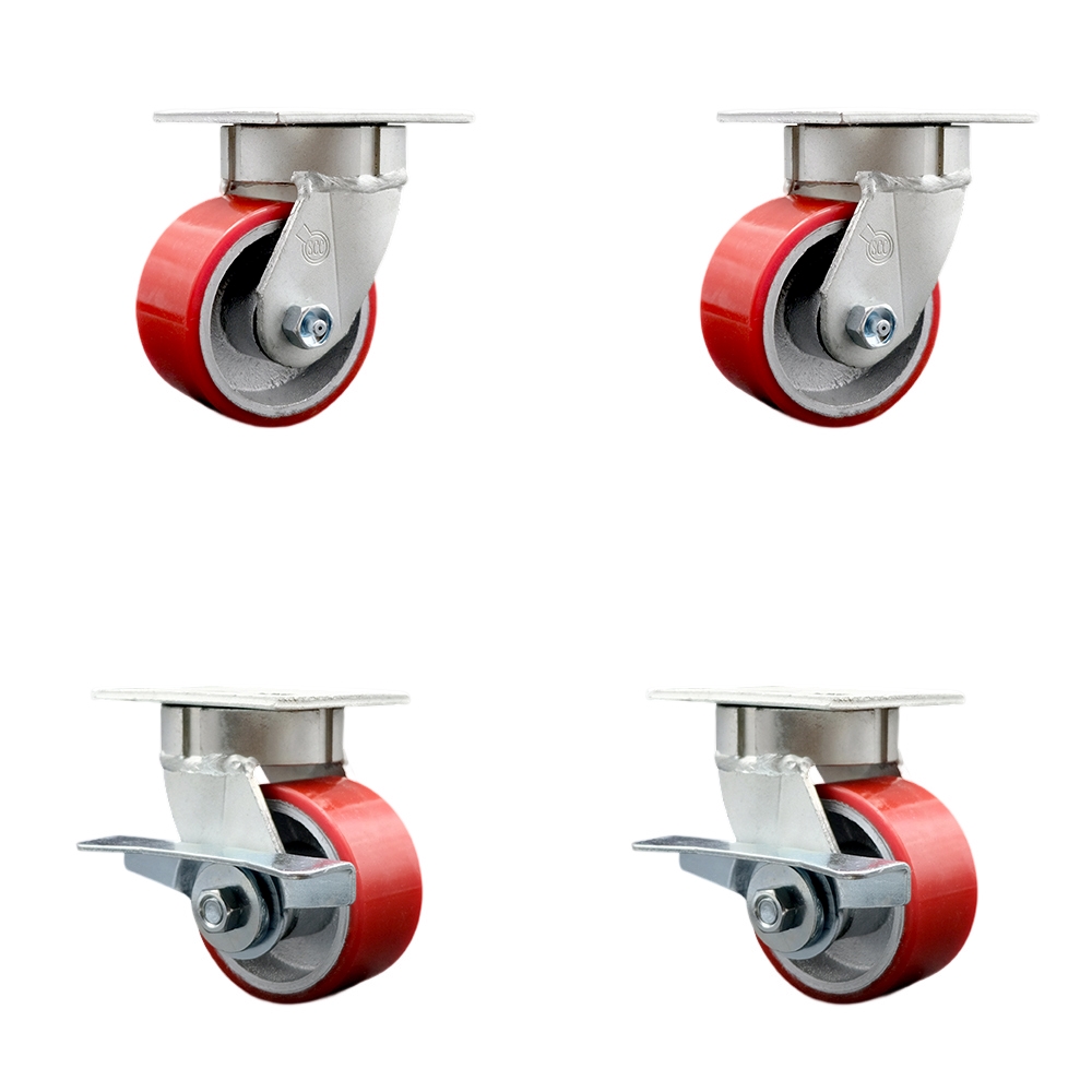Heavy Duty Kingpinless Swivel Caster with 4 in. Red Poly on Cast Iron Wheels & Ball Bearings - 2800 lbs Total Capacity - Set of 4