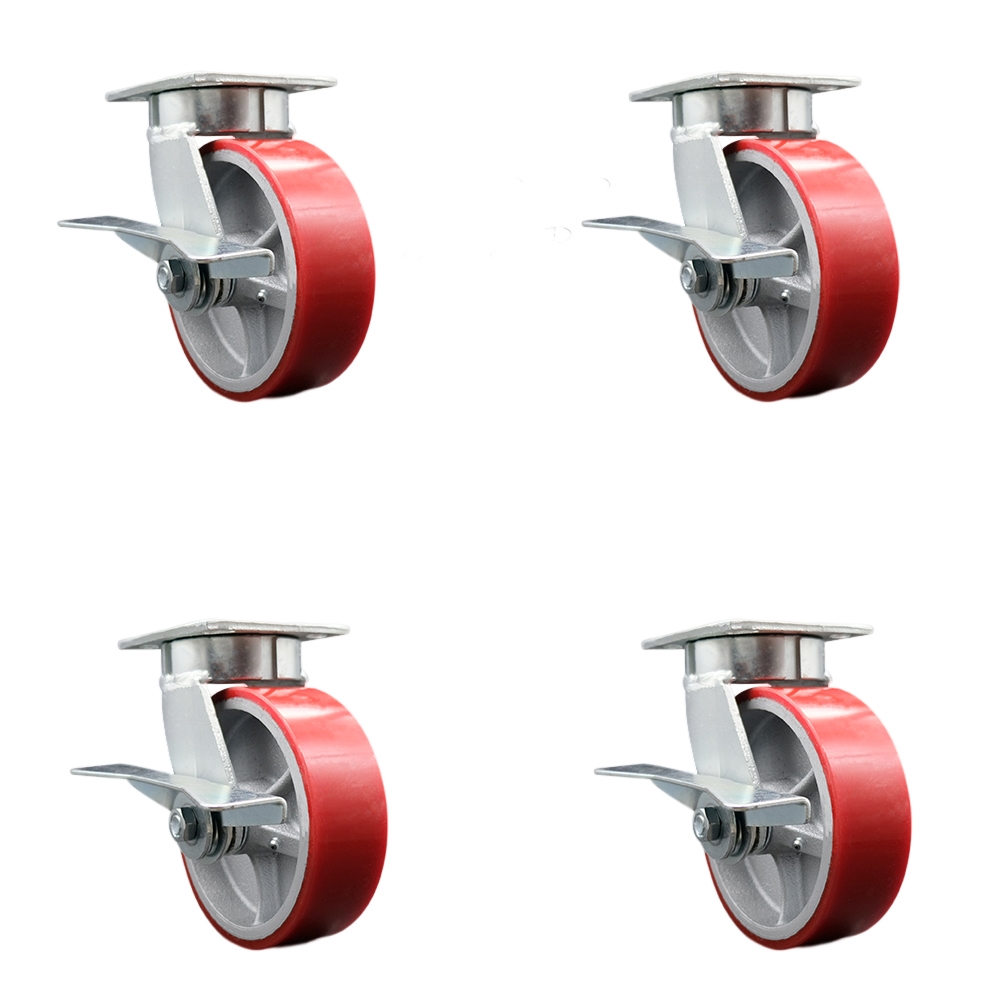 Heavy Duty Kingpinless Swivel Caster with 6 in. Red Polyurethane on Cast Iron Wheels & Ball Bearings - Set of 4