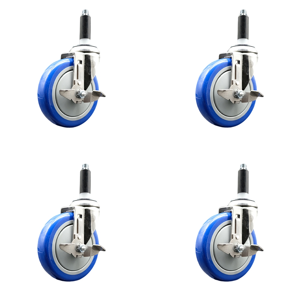 Polyurethane Swivel Stem Caster with 5 in. Blue Caster Wheels, 0.87 in. Expanding Stems - 316 Stainless Steel Casters - Set of 4