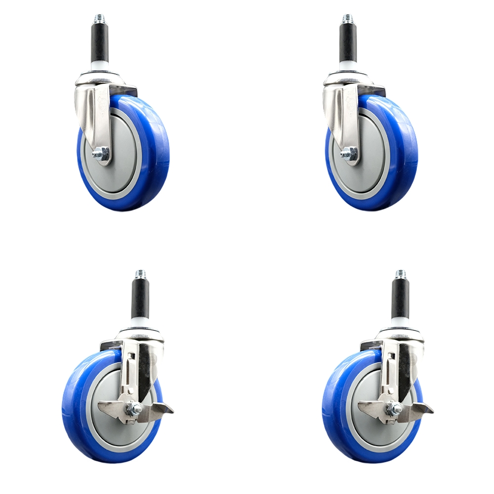 Polyurethane Swivel Stem Caster with 5 in. Blue Caster Wheels, 0.87 in. Expanding Stems - 316 Stainless Steel Casters - Set of 4