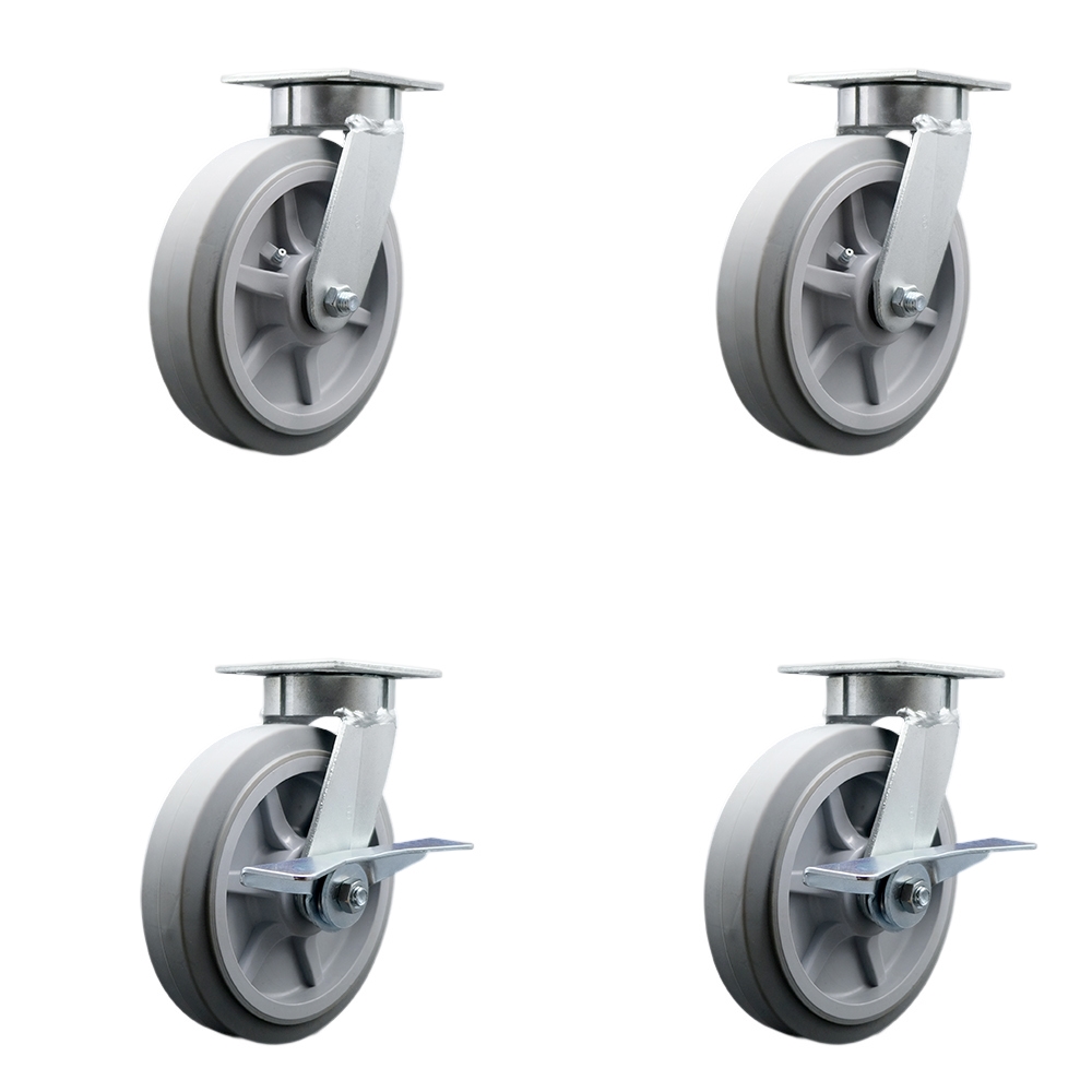 Heavy Duty Kingpinless Swivel Caster with 8 in. Thermoplastic Rubber Flat Tread Wheels & Ball Bearings - 2400 lbs Total Capacity - Set of 4