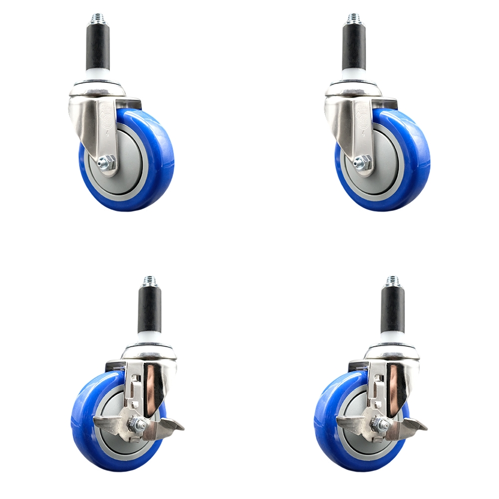 Polyurethane Swivel Stem Caster with 4 in. Blue Caster Wheels, 1 in. Expanding Stems - 316 Stainless Steel Casters - Set of 4