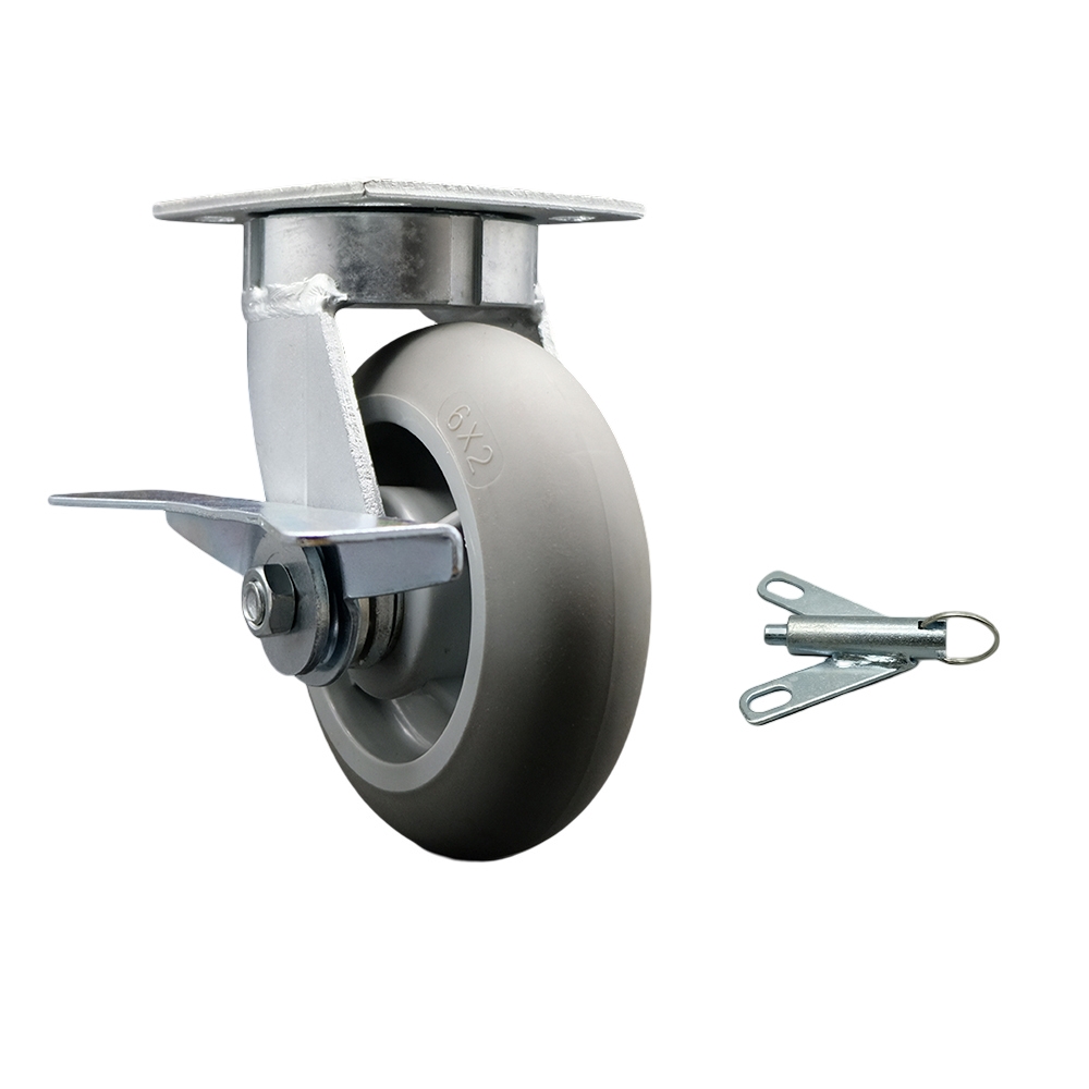 Heavy Duty Kingpinless Swivel Top Plate Caster with Side Lock Brake & Swivel Lock & 6 in. Thermoplastic Rubber Donut Tread Wheel with Ball Bearings