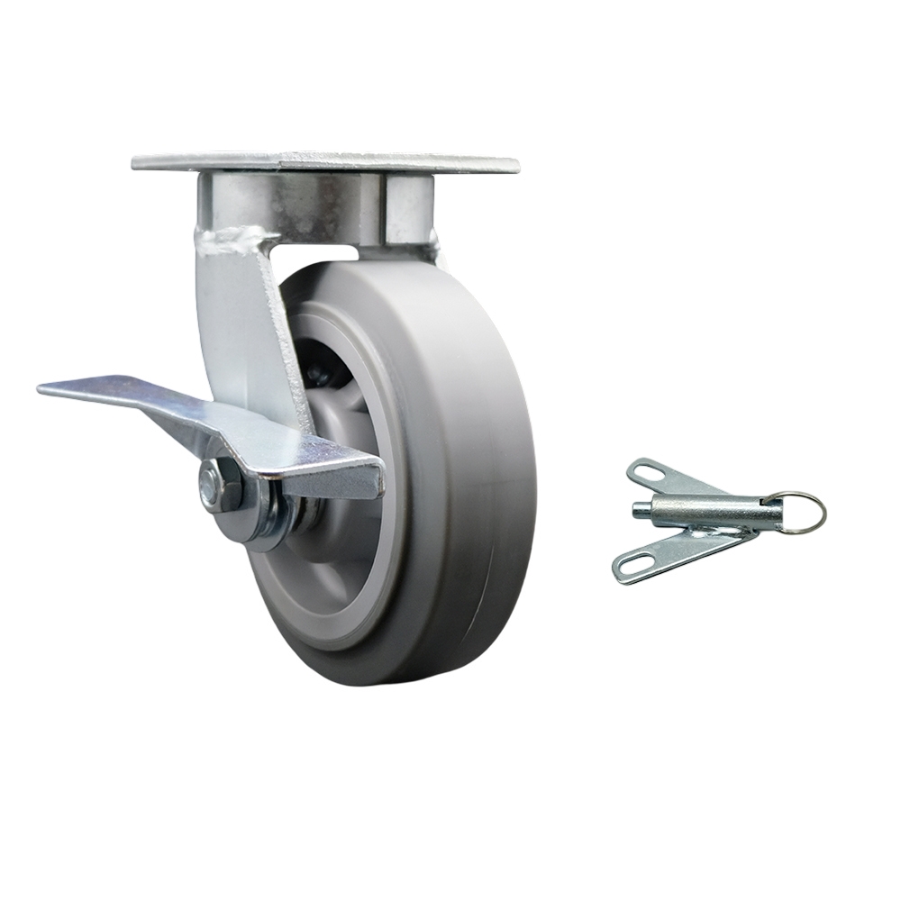 Heavy Duty Kingpinless Swivel Top Plate Caster with Side Lock Brake & Swivel Lock & 6 in. Thermoplastic Rubber Flat Tread Wheel with Ball Bearings