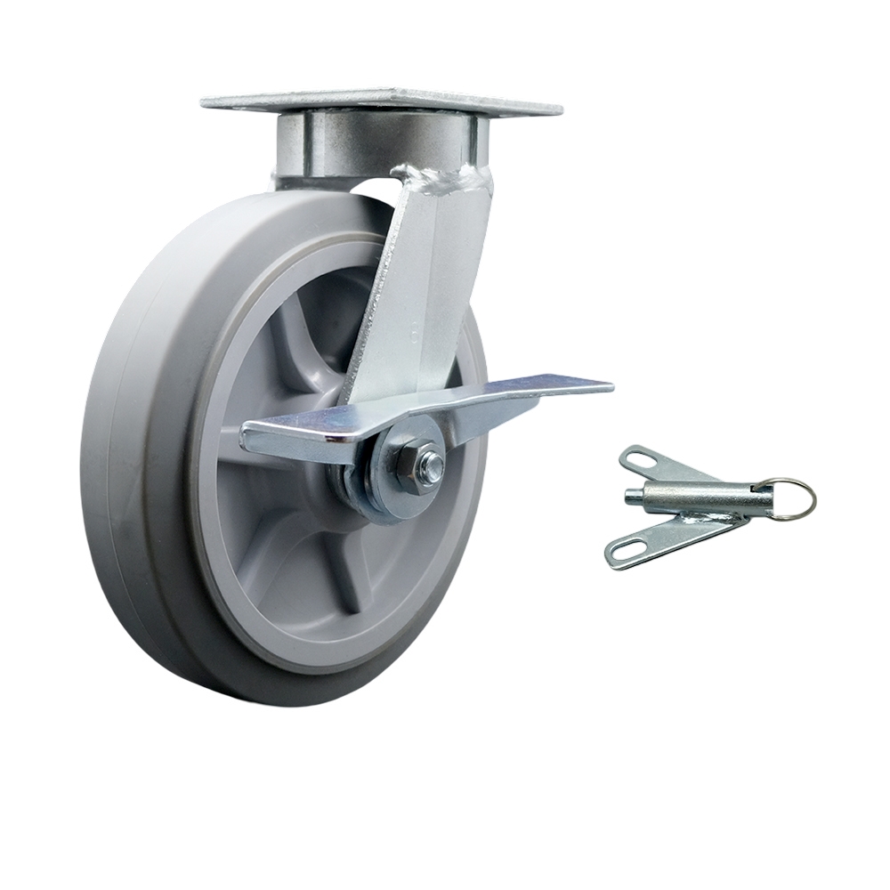 Heavy Duty Kingpinless Swivel Top Plate Caster with Side Lock Brake & Swivel Lock & 8 in. Thermoplastic Rubber Flat Tread Wheel with Ball Bearings