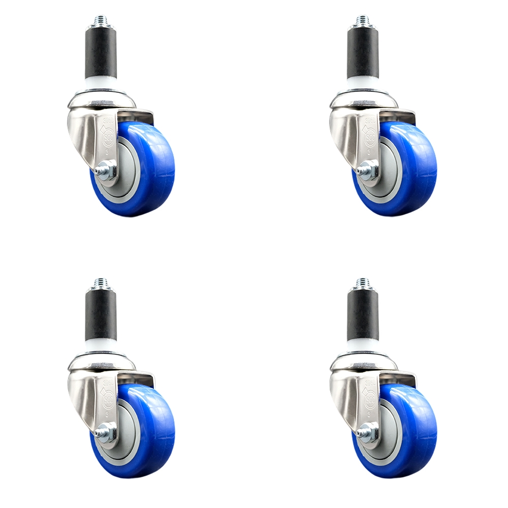 Polyurethane Swivel Stem Caster with 3 in. Blue Caster Wheels, 1.25 in. Expanding Stems - 316 Stainless Steel Casters - Set of 4