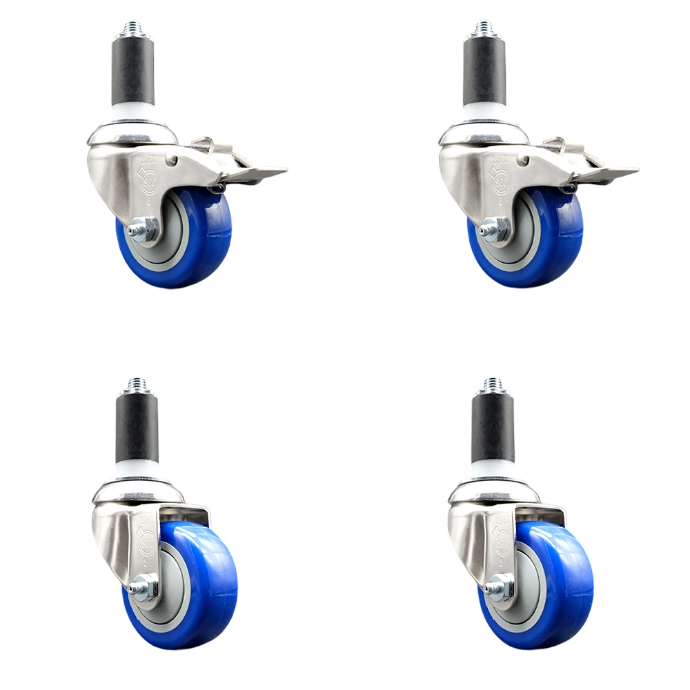 Polyurethane Swivel Stem Caster with 3 in. Blue Caster Wheels, 1.25 in. Expanding Stem - 316 Stainless Steel Casters - Set of 4