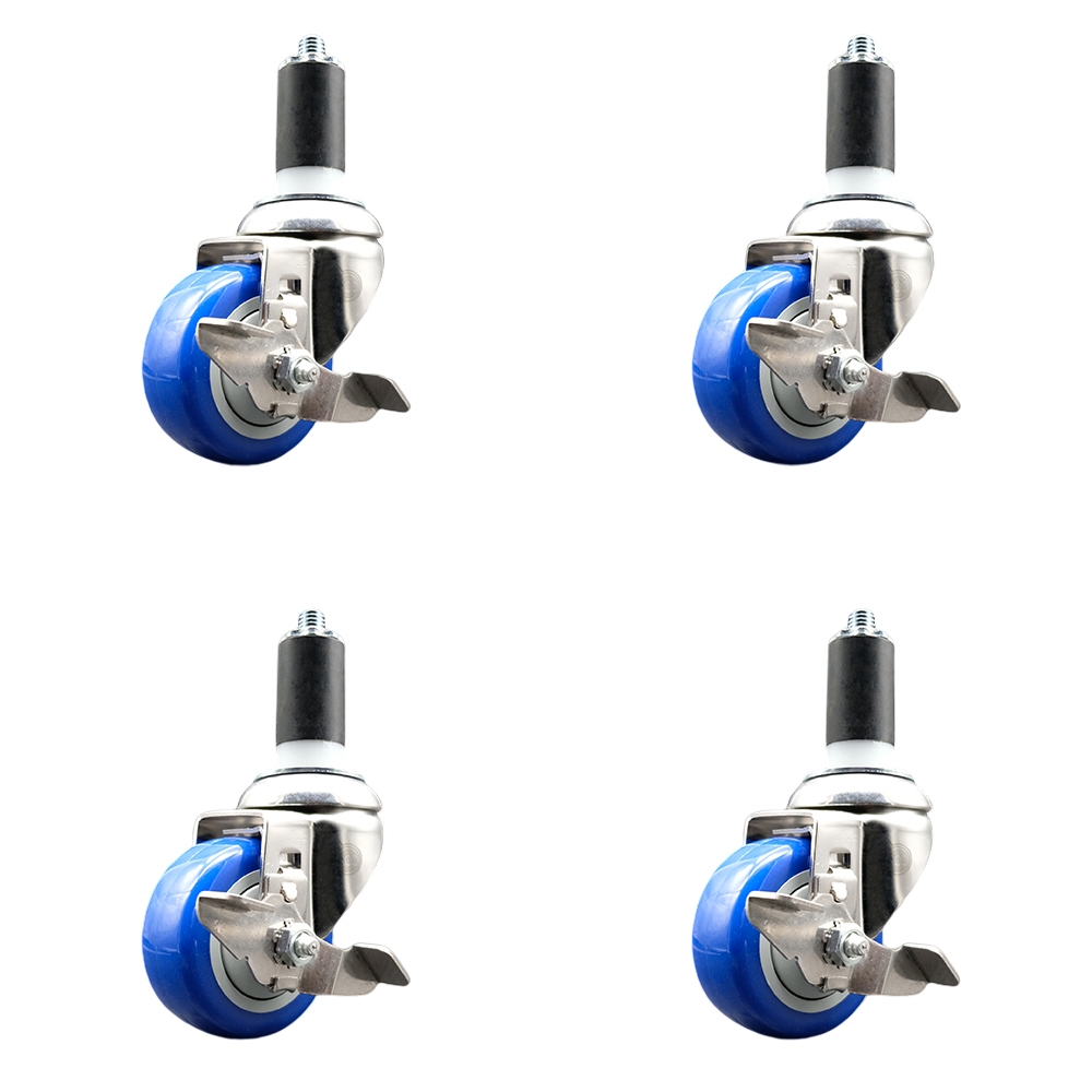 Polyurethane Swivel Stem Caster with 3.5 in. Blue Caster Wheels, 1.25 in. Expanding Stems - 316 Stainless Steel Casters - Set of 4