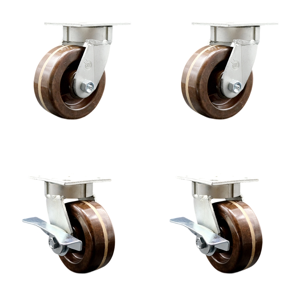 Heavy Duty Kingpinless Swivel Caster with 5 in. High Temperature Phenolic Wheels & Bronze Bearing - 4000 lbs Total Capacity - Set of 4