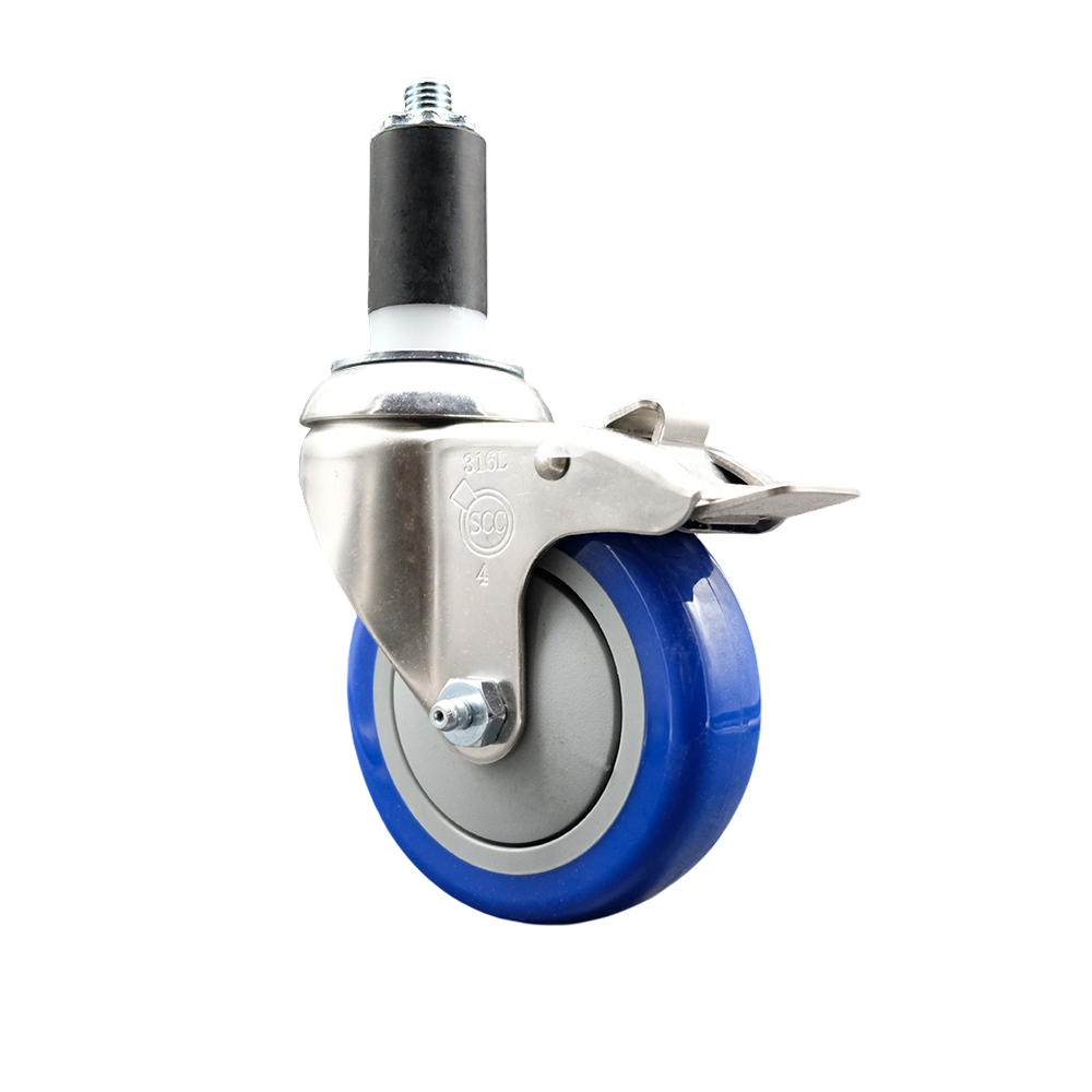 Polyurethane Swivel Stem Caster with 4 in. Blue Caster Wheels & Total Lock Brake, 1.25 in. Expanding Stem - 316 Stainless Steel Caster
