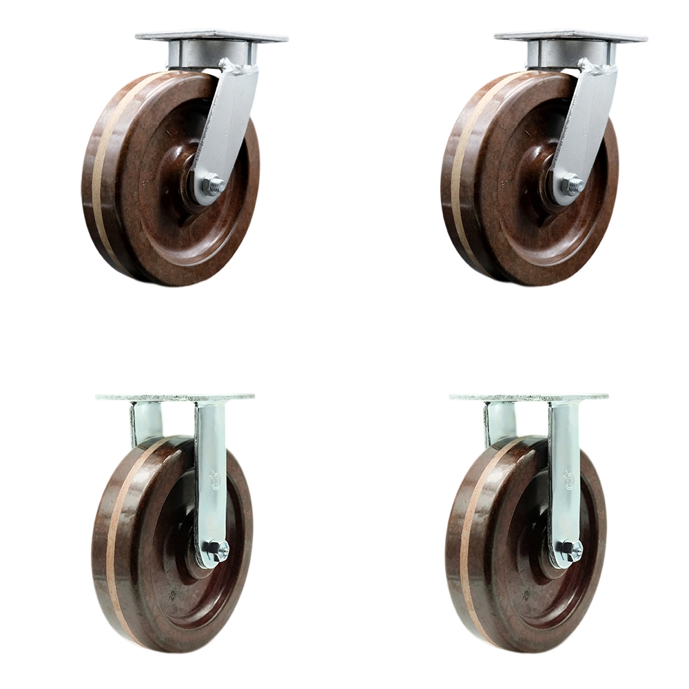 Heavy Duty Kingpinless Swivel Caster with 8 in. High Temperature Phenolic Wheels & Bronze Bearings - 5000 lbs Total Capacity - Set of 4