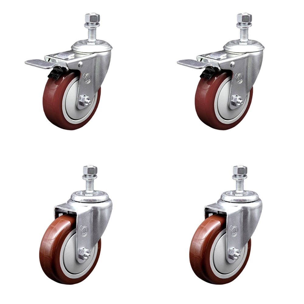 Replacement Set for Chief Casters PAC770 - Swivel Threaded Stem Casters with 4 in. Maroon Poly Wheels & 0.50 in. Stems