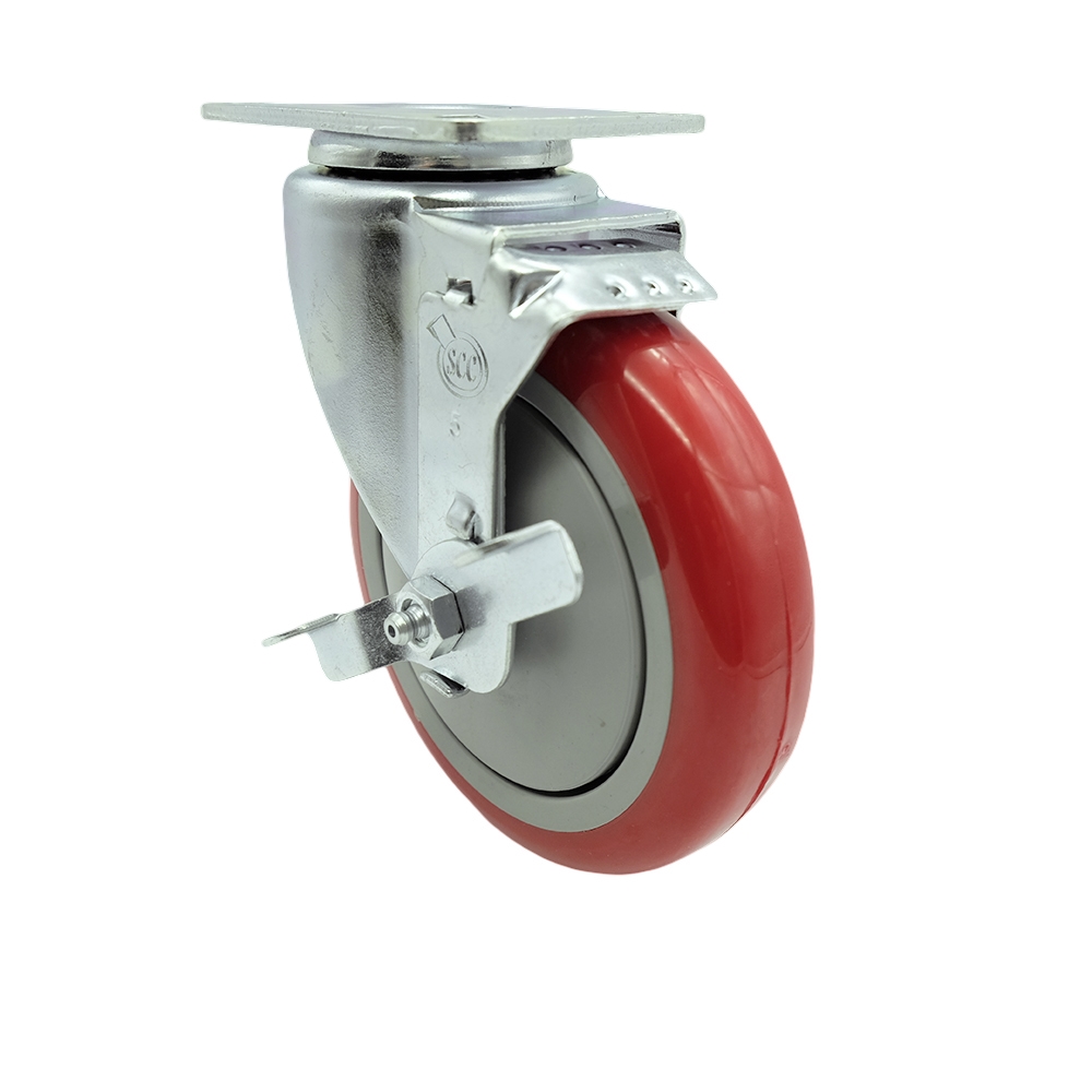 Replacement Caster for McMaster Carr Caster 8359T441 - Stainless Steel Swivel Top Plate Caster with 5 in. Red Polyurethane Wheel & Top Locking Brake