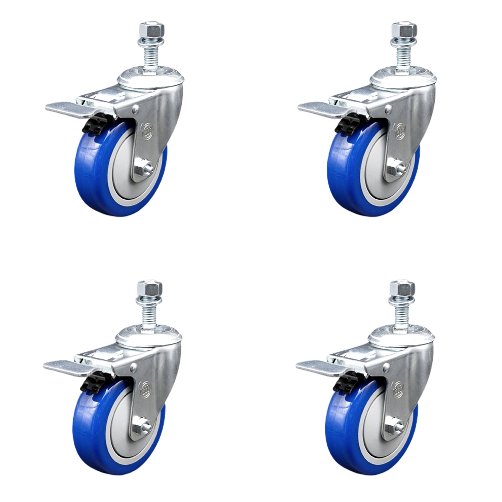 Replacement Set for Eaton Tripp Casters DMCCASTER - Swivel Threaded Stem Casters with 4 in. Blue Polyurethane Wheels & 0.50 in. Stems