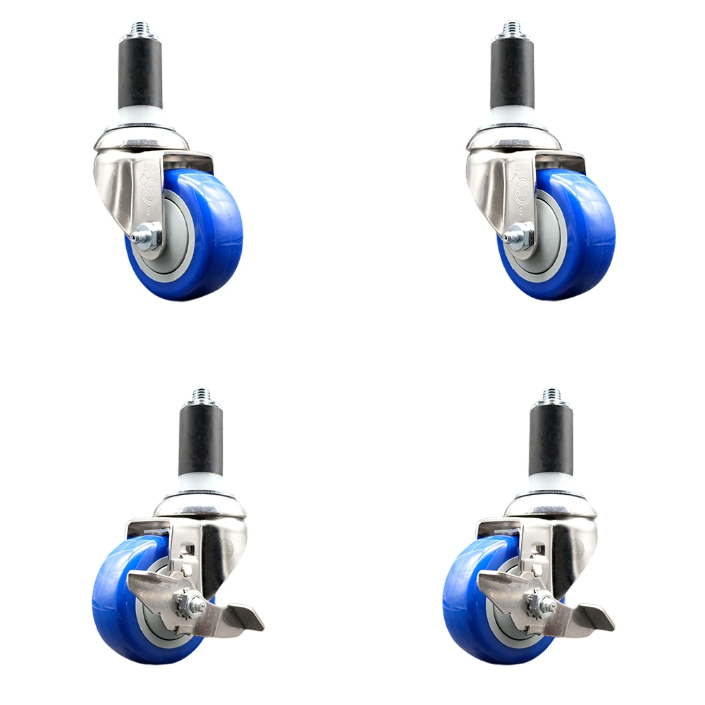 Polyurethane Swivel Stem Caster with 3.5 in. Blue Caster Wheels, 1.38 in. Expanding Stems - 316 Stainless Steel Casters - Set of 4