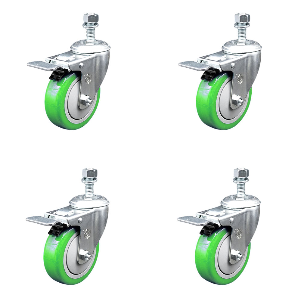 Replacement Set for Eaton Tripp Casters DMCCASTER - Swivel Threaded Stem Casters with 4 in. Green Polyurethane Wheels & 0.50 in. Stems