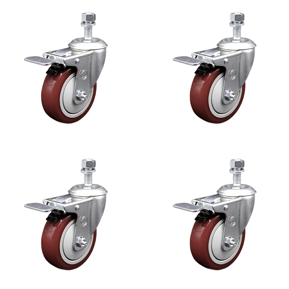 Replacement Set for Eaton Tripp Casters DMCCASTER - Swivel Threaded Stem Casters with 4 in. Maroon Polyurethane Wheels & 0.50 in. Stems
