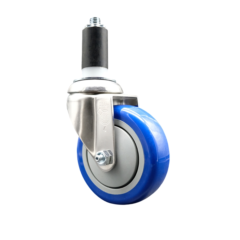 Polyurethane Swivel Stem Caster with 4 in. Blue Caster Wheels, 1.38 in. Expanding Stem - 316 Stainless Steel Caster