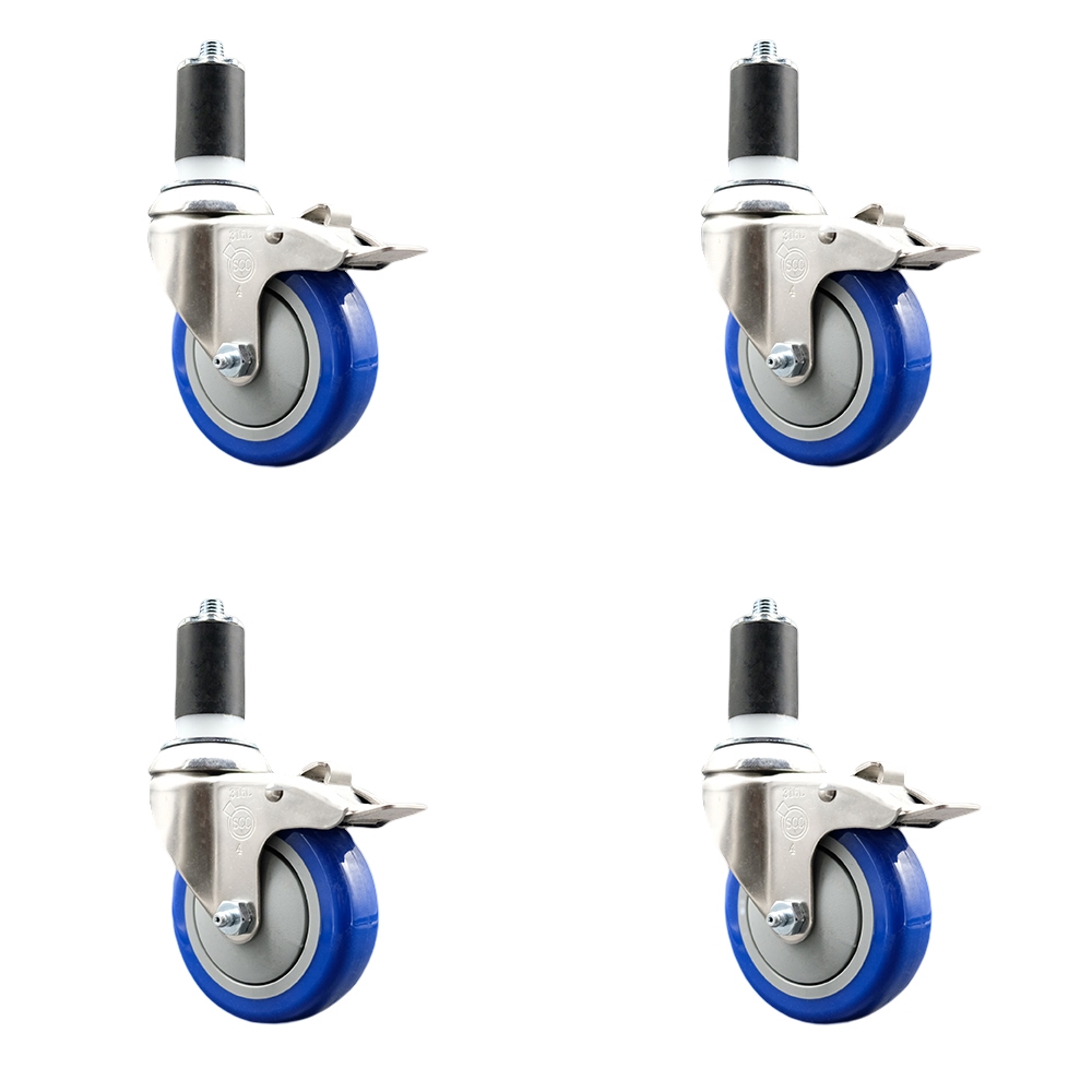 Polyurethane Swivel Stem Caster with 4 in. Blue Caster Wheels, 1.5 in. Expanding Stems - 316 Stainless Steel Casters - Set of 4