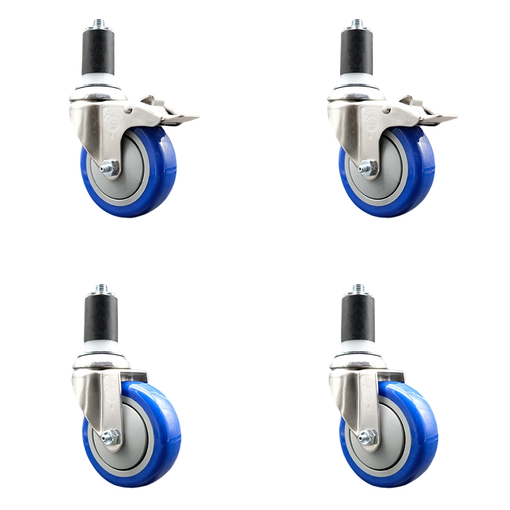 Polyurethane Swivel Stem Caster with 4 in. Blue Caster Wheels, 1.5 in. Expanding Stem - 316 Stainless Steel Casters - Set of 4