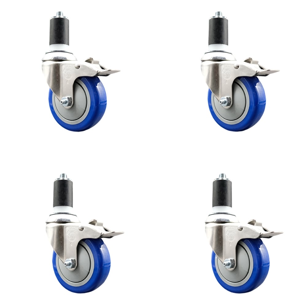 Polyurethane Swivel Stem Caster with 4 in. Blue Caster Wheels, 1.63 in. Expanding Stems - 316 Stainless Steel Casters - Set of 4