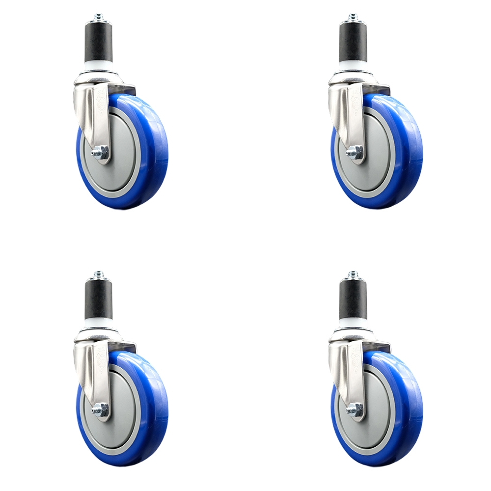 Polyurethane Swivel Stem Caster with 5 in. Blue Caster Wheels, 1.63 in. Expanding Stems - 316 Stainless Steel Casters - Set of 4