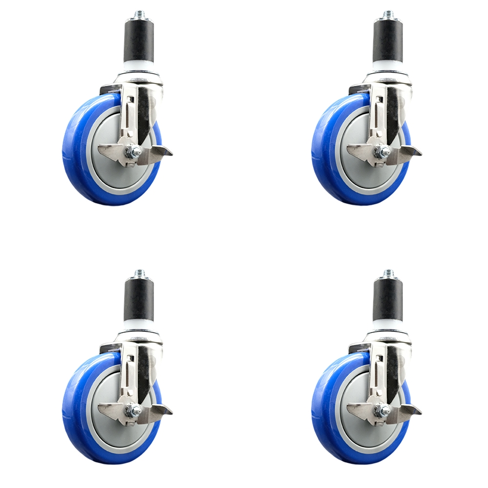 Polyurethane Swivel Stem Caster with 5 in. Blue Caster Wheels, 1.63 in. Expanding Stems - 316 Stainless Steel Casters - Set of 4